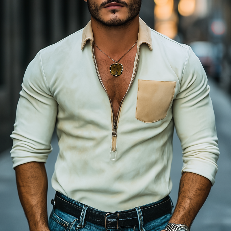 Camisa informal de manga larga de gamuza con cuello en V profundo y cremallera para hombre, moda de primavera