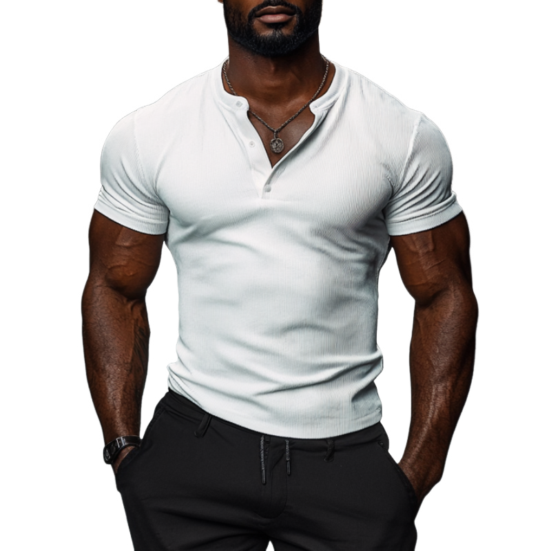 Lässiges Herren-T-Shirt aus Baumwolle mit elastischem Rippenmuster und Henley-Kragen, schmale Passform, kurzärmelig