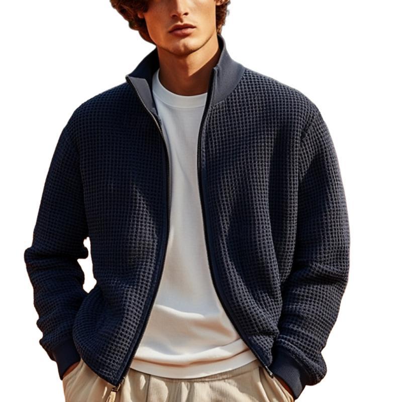 Cárdigan de punto liso con cuello alto y cremallera para hombre