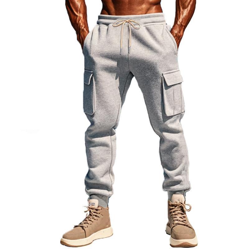 Men's Solid Color Plush Elastic Waist Multi-pocket Sports Pants
