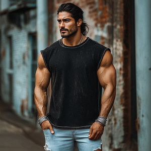 Herren-Tanktop im Vintage-Denim-Stil, schwere Waschung, lockerer Rundhalsausschnitt