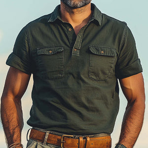 Camiseta informal de verano con cuello polo desgastado y doble bolsillo para hombre