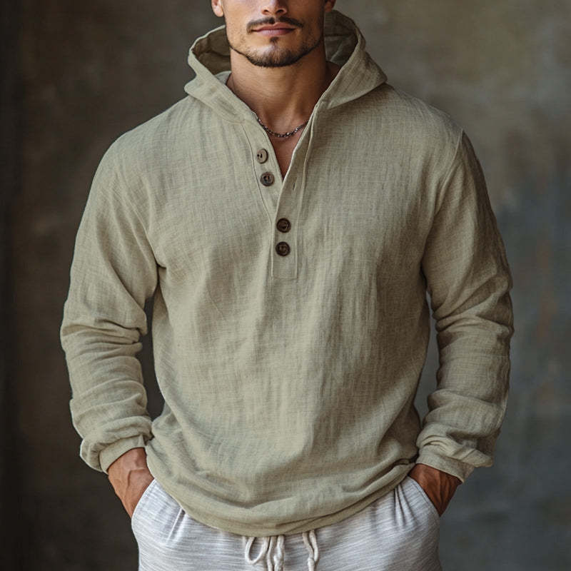 Hautfreundlicher, cremefarbener Langarm-Hoodie aus Baumwolle und Leinen für Herren