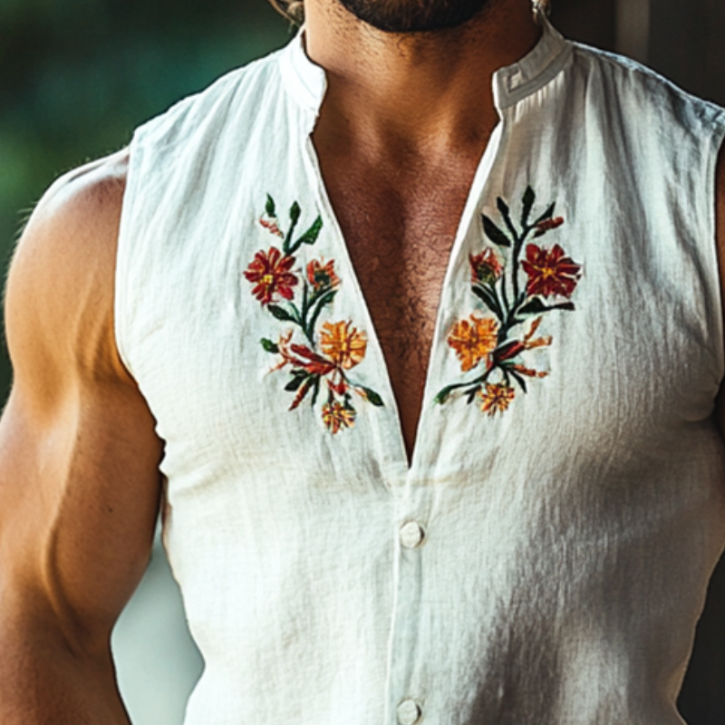 Men's Retro Casual Embroidered Stand Collar Sleeveless Shirt