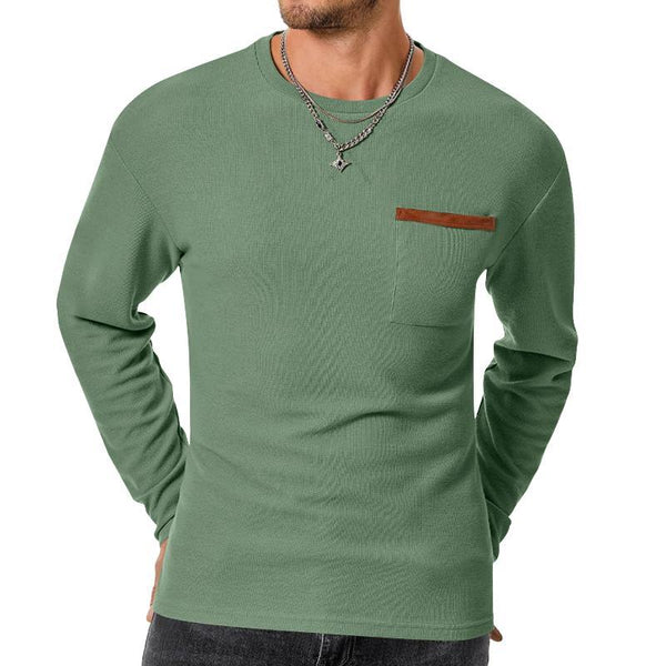 Men's Casual Waffle Round Neck Patch Pocket Slim Fit Long Sleeve T-Shirt