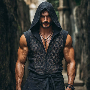 Men's Vintage Casual Hemp Flower Of Life Printed Hooded Sleeveless Shirt