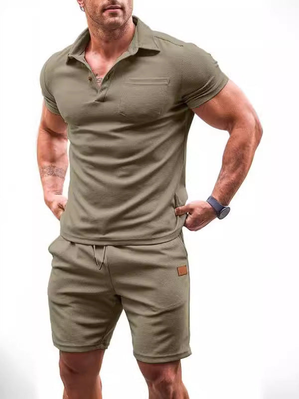 WAFFLE SUIT LAPEL SHIRT CASUAL SOLID COLOR SHORT SLEEVED SHORTS