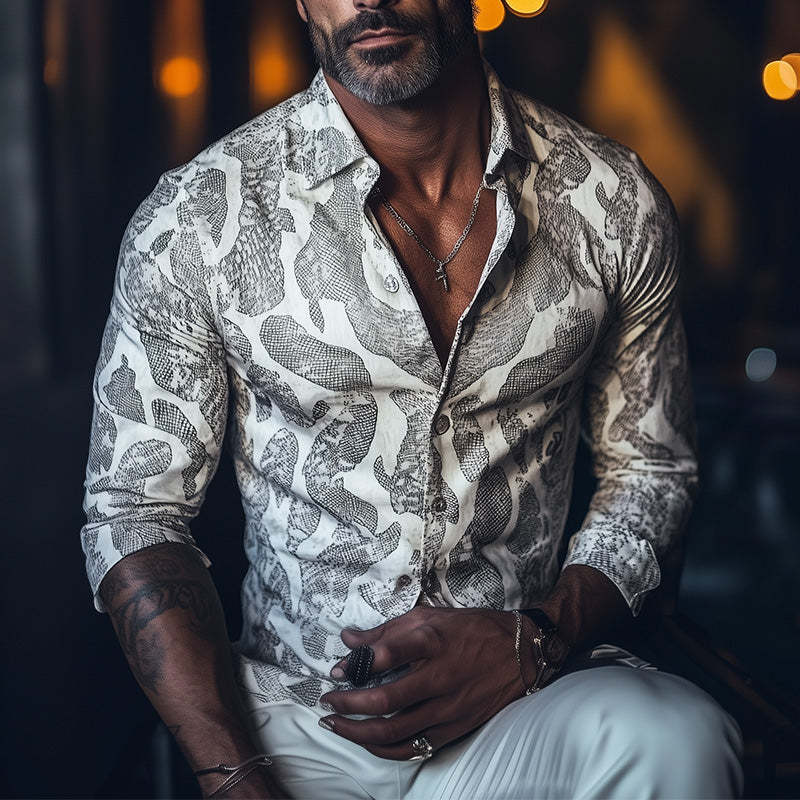 Men's Spring Fashion Snake Print Long Sleeve Shirt