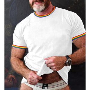 Camiseta de manga corta con cuello redondo y diseño de patchwork de rayas arcoíris para hombre