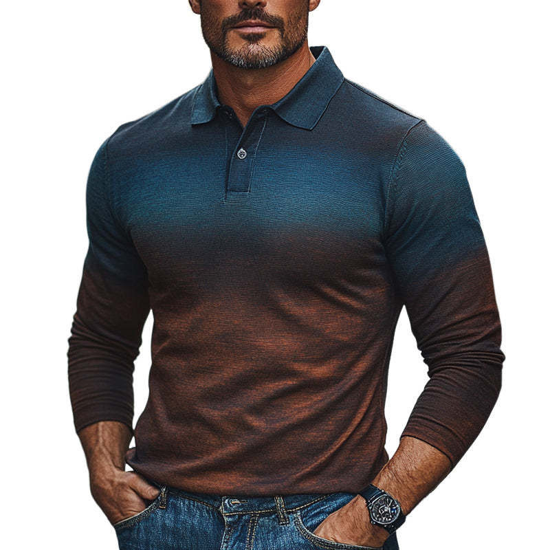 Men's Retro Gradient Colorblock Print Polo Neck Slim Fit T-Shirt