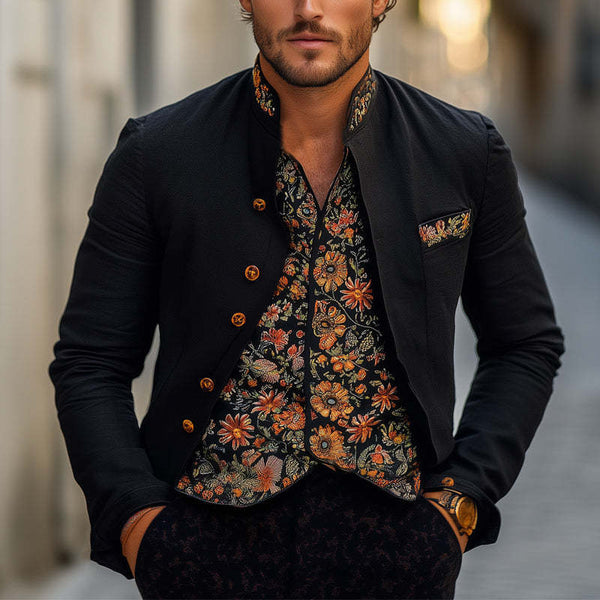 Men's Spring And Autumn Black Vintage Embroidered Stand Collar Jacket MTA2040C3U
