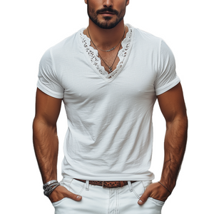 Camiseta de algodón de manga corta con cuello en V y costuras de encaje para hombre, de moda para primavera y verano