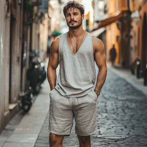 Conjunto informal de camiseta sin mangas holgada de lino con cuello en V y pantalones cortos con cintura elástica para hombre