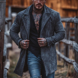 Men's Solid Color Suede Lapel Mid-Length Windbreaker Trench Coat