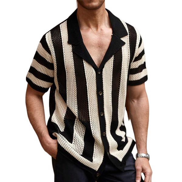 Camisa de manga corta con solapa de punto a rayas para hombre