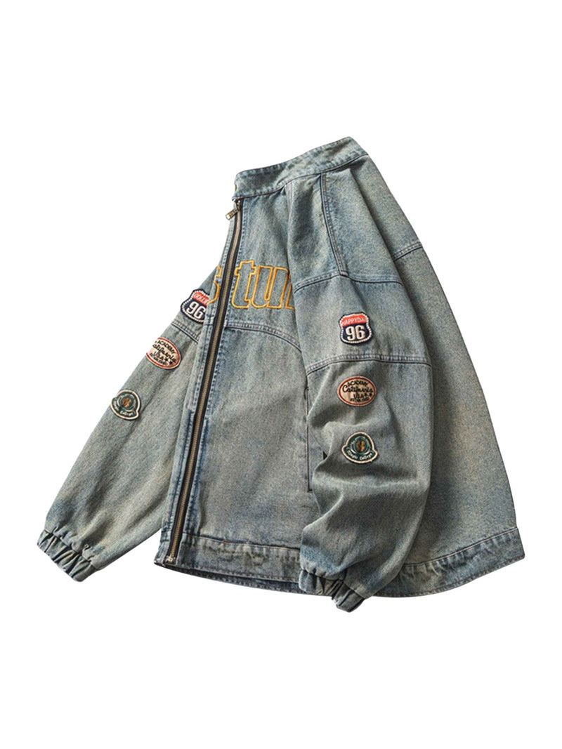 Hip-hop Badge Embroidered Do-over Denim Jacket