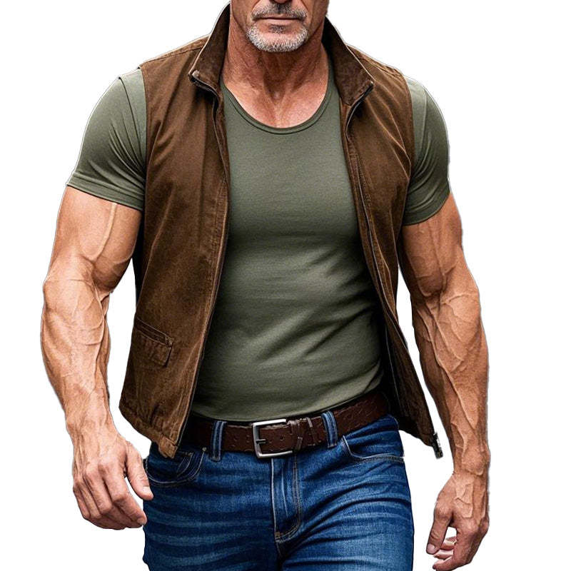 Chaleco vintage de ante marrón con cuello alto para hombre