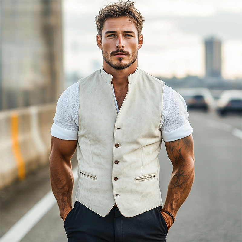Herren Frühlingsmode Retro Western Stil Stehkragen Schlanke Wildlederweste