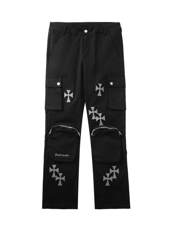 Cross Printed Multi-Pocket Casual Pants