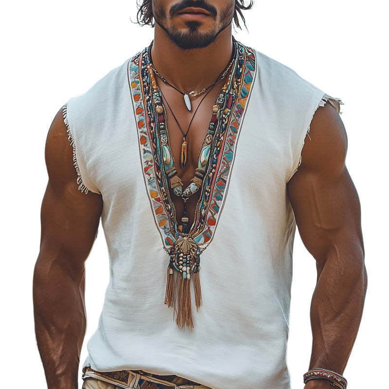Men's Summer Retro Deep V Neck Embroidered Tank Top