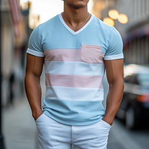 Men's Personalized Casual V-neck Bright Suede Stitching Short-sleeved T-shirt