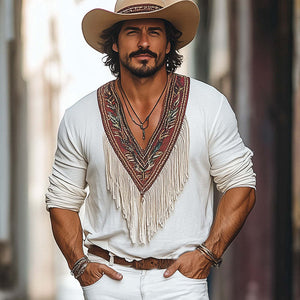 Men's Vintage Embroidered Deep V Neck Cotton Tassel T-Shirt