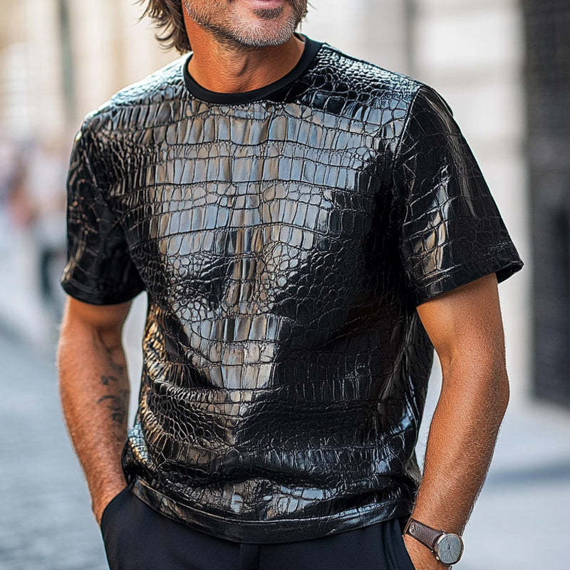 Men's Black Crocodile Textured PU Leather Short Sleeve T-Shirt