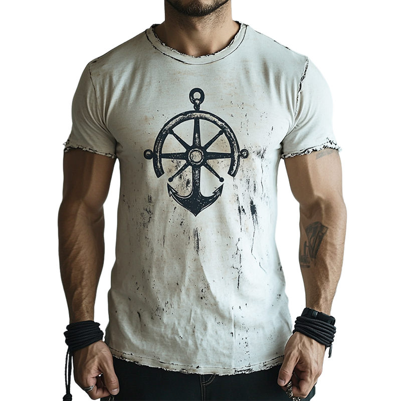 Camiseta de manga corta con cuello redondo, rasgada e informal con estampado de ancla náutica retro para hombre