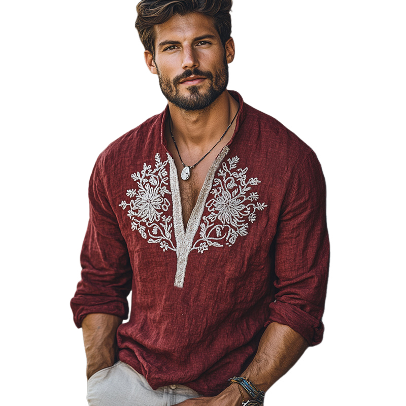 Camiseta vintage de manga larga bordada con cuello en V profundo en rojo oscuro para hombre