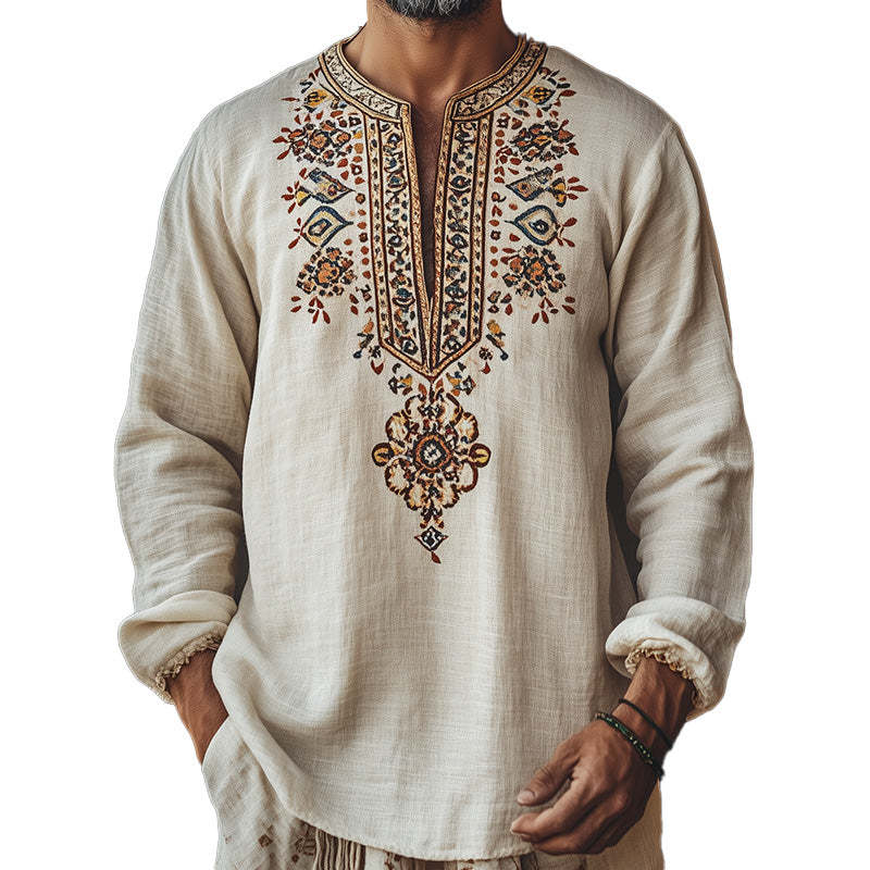 Men's Ethnic Print Open Collar T-Shirt