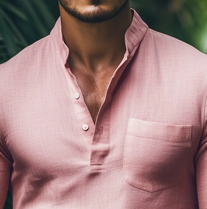 Camisa informal de algodón y lino de manga larga con cuello alto para hombre, moda de primavera