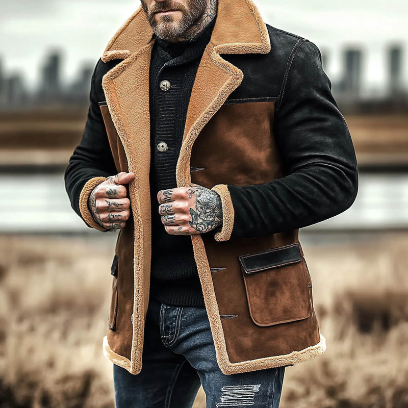 Men's Vintage Suede Color Block Shearling Fleece Fur Reverse Collar Mid-Length Layer Coat Jacket