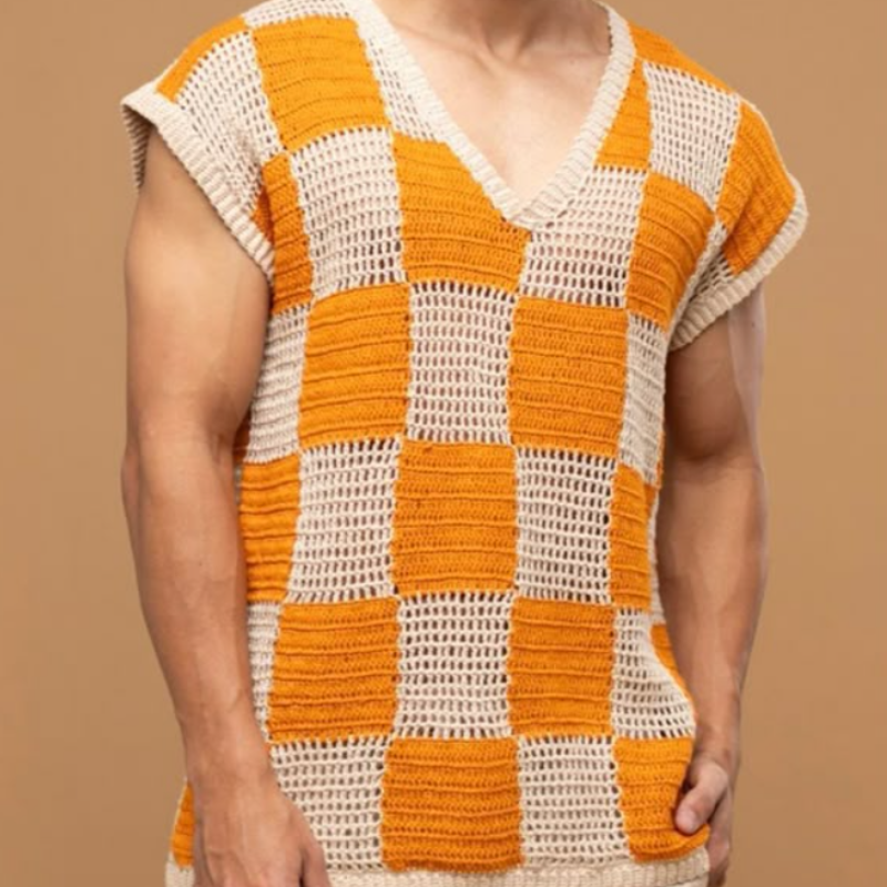 Men's Casual V-Neck Check Jacquard Breathable Loose Knitted Tank Top
