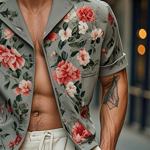 Chaqueta estilo camisa de manga corta con estampado floral para hombre