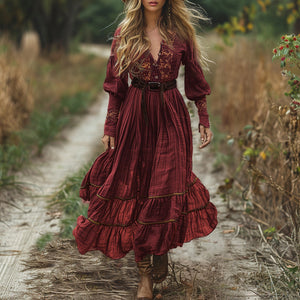 Vestido largo vintage de lino con escote en V y mangas largas para mujer, estilo pastoral.