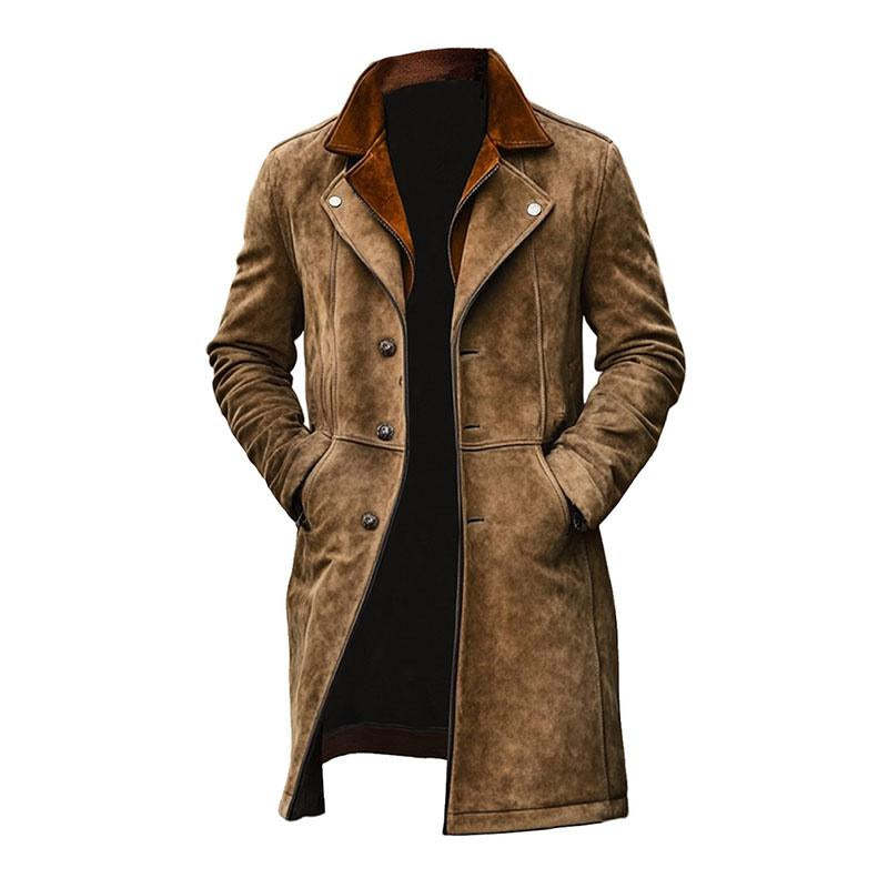 Abrigo vintage de ante de cuello doble y longitud media para hombre
