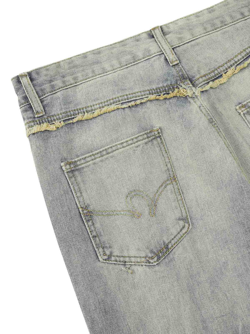 Heavy Washed Ripped Plaid Stitching Hip-Hop Jeans