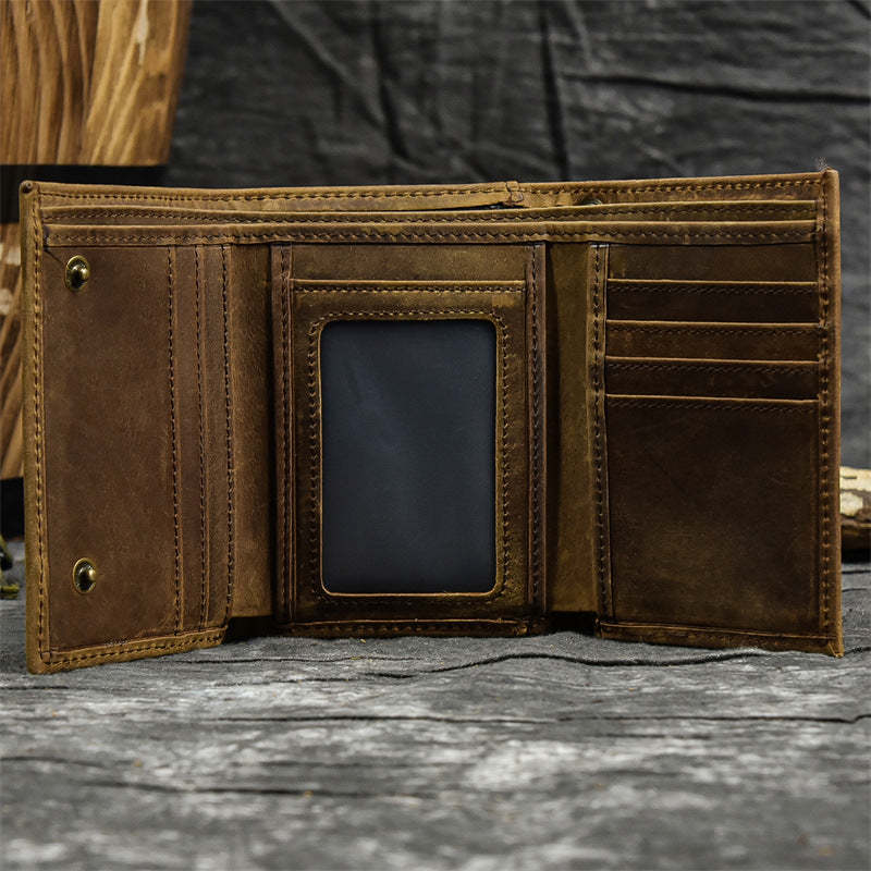 Cartera vintage de tres pliegues de cuero genuino para hombre 