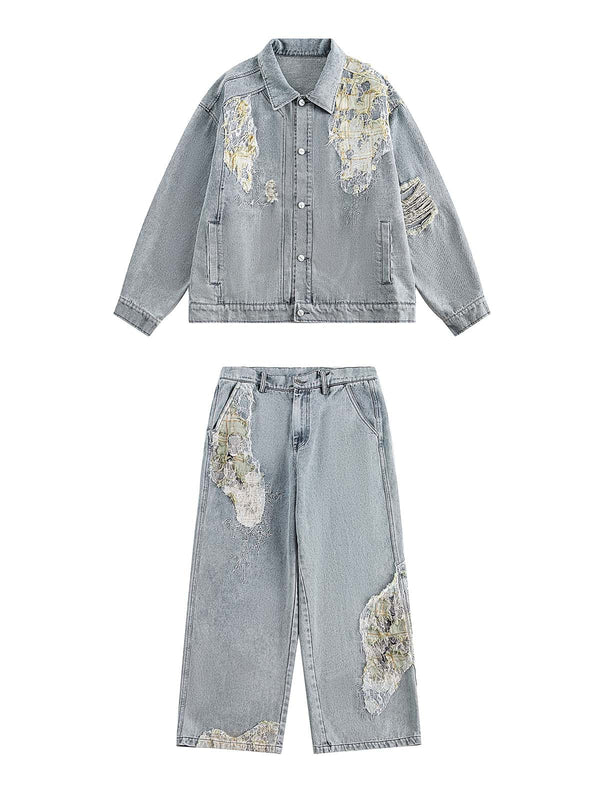 Washed Ripped Lace Spliced Denim Set