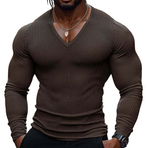 Men's Casual Cotton Blended Stipe V-neck Tight Long-sleeved T-shirt