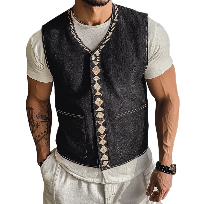 Chaleco vaquero bordado con cuello en V para hombre