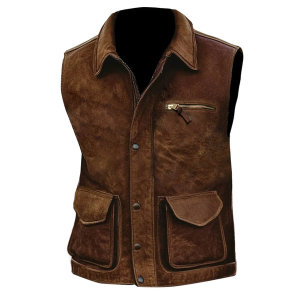 Men's Vintage Suede Multi-Pocket Outdoor Motorcycle Lapel Vest Jacket