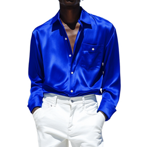 Camisa de manga larga holgada con bolsillo de parche y solapa de satén vintage para hombre