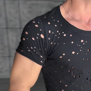 Men's Retro Casual Cotton Irregular Hole Round Neck Short Sleeve Shirt