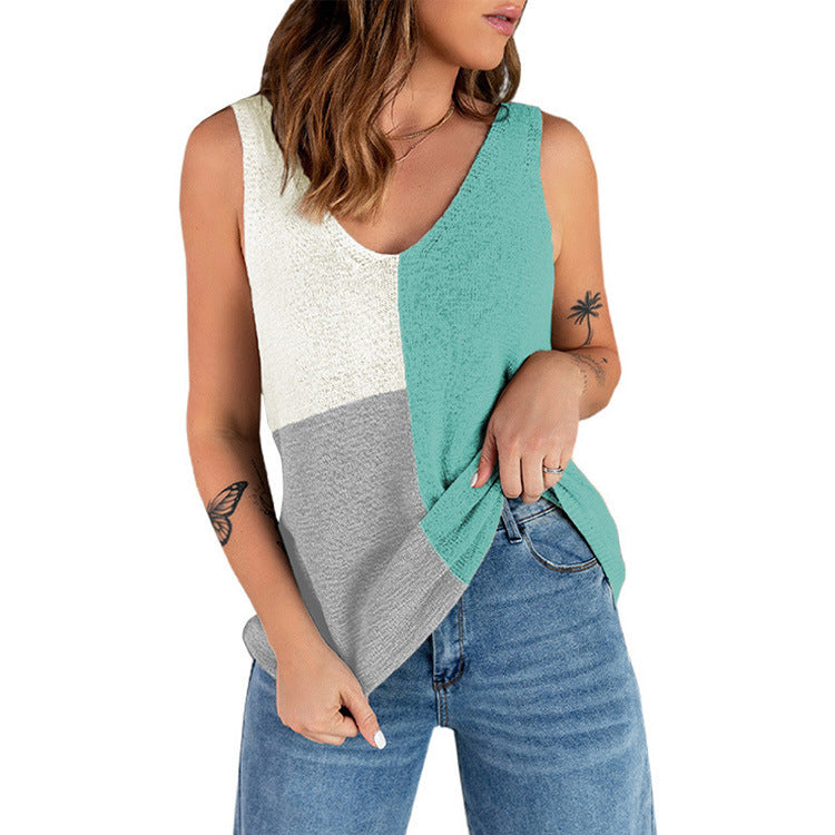 EUROPEAN AND AMERICAN WOMEN'S SMALL TANK TOP PATCHWORK CONTRASTING COLOR KNITTED LOOSE CASUAL CAMISOLE FOR WOMEN