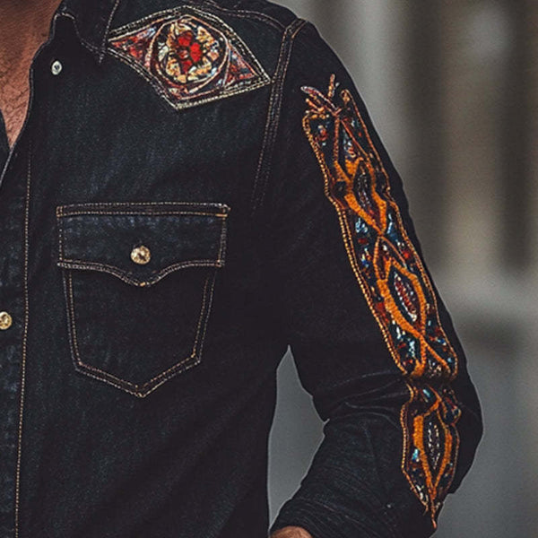 Herren-Jeanshemd im Vintage-Stil mit besticktem Revers und langen Ärmeln