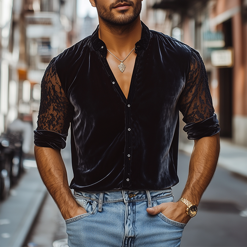 Men's Fashion Spring Lace Stitching Velvet Stand Collar Black Long Sleeve Shirt
