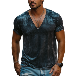 Camiseta de algodón y seda con cuello en V profundo para hombre, de moda de primavera y verano