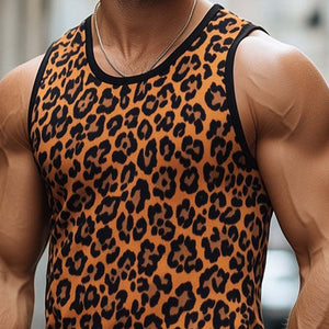 Camiseta sin mangas con cuello en V, estampado de leopardo retro, transpirable y agradable para la piel para hombre