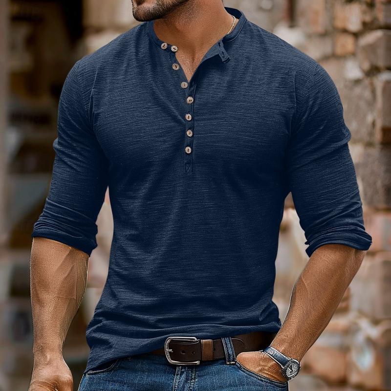 Camiseta informal de manga larga con cuello henley y múltiples botones para hombre